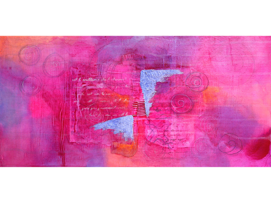 Horizontal abstract mixed-media painting with a bright pink and purple background, central collage of old paper and silver paint, and thin black spirals.