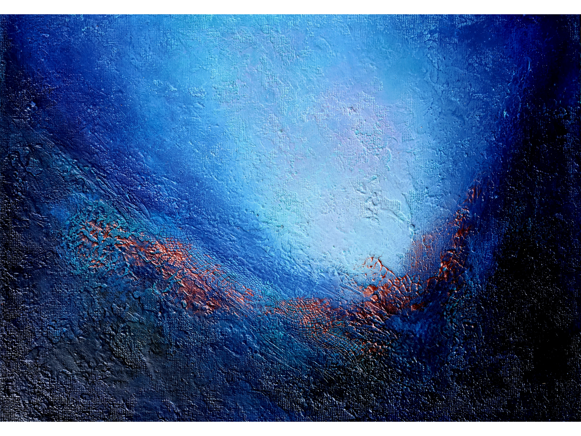 Horizontal abstract painting on canvas with a dark blue background and a textured, shimmering bronze fracture running through the centre.