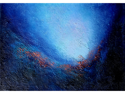 Horizontal abstract painting on canvas with a dark blue background and a textured, shimmering bronze fracture running through the centre.