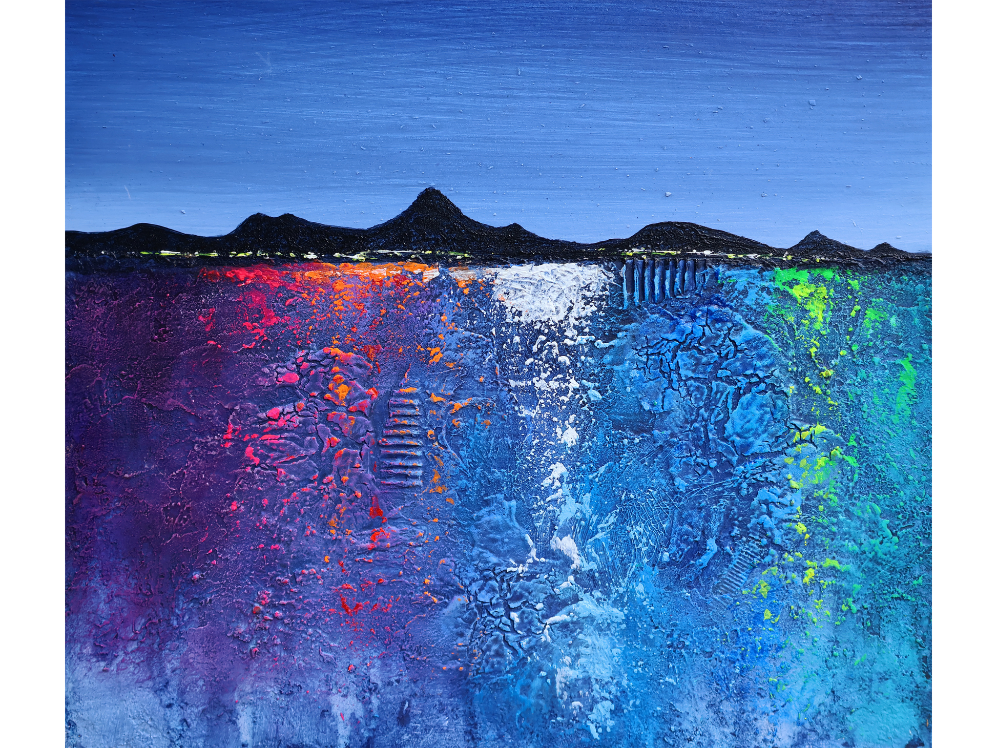 Square abstract painting with a dark mountain silhouette over a highly textured foreground of neon pink, orange, blue, and green.