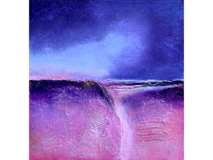 Small square abstract painting with a textured purple foreground, a dark horizon line, and a deep blue sky on masonite.