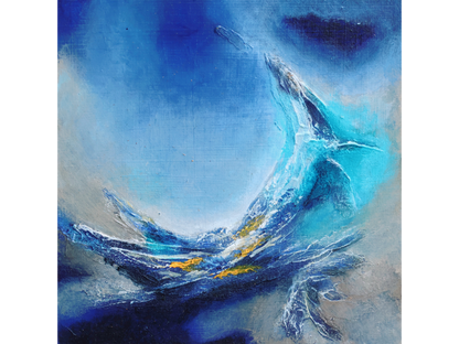 Small square abstract painting on masonite with a textured white and cyan wave-like form over a deep blue and grey background.
