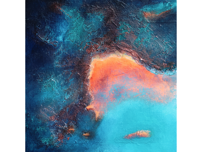 Small square abstract painting with a textured dark blue and copper border surrounding a glowing orange and light blue center.