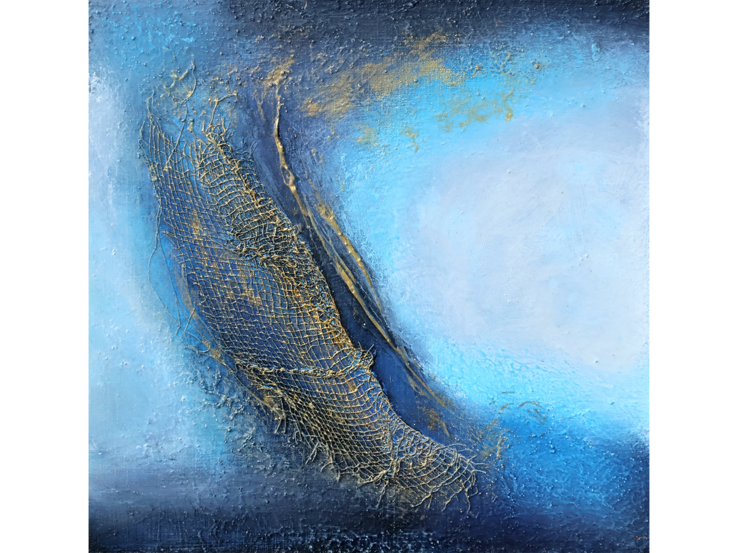 Small square abstract painting with a textured blue background and a crescent of golden mesh wire integrated into the surface.