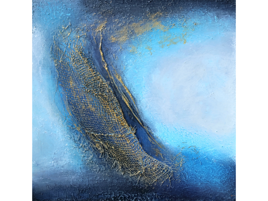 Small square abstract painting with a textured blue background and a crescent of golden mesh wire integrated into the surface.