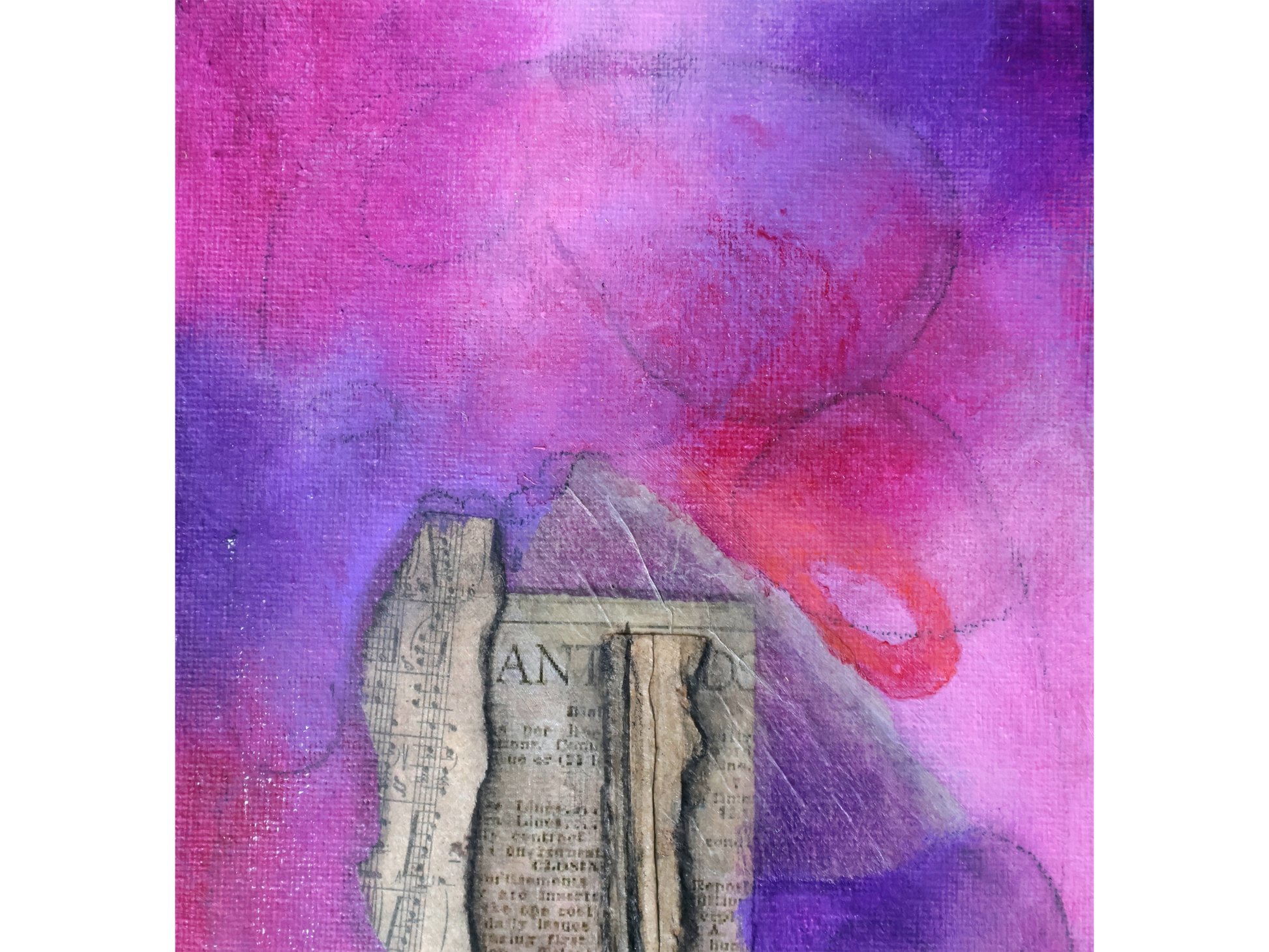 Small vertical mixed-media painting with a purple and pink background and a central collage of old paper fragments, including sheet music and text.