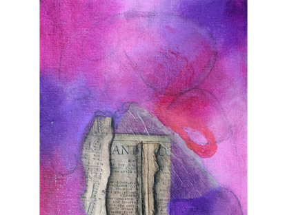 Small vertical mixed-media painting with a purple and pink background and a central collage of old paper fragments, including sheet music and text.