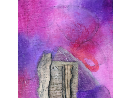 Small vertical mixed-media painting with a purple and pink background and a central collage of old paper fragments, including sheet music and text.