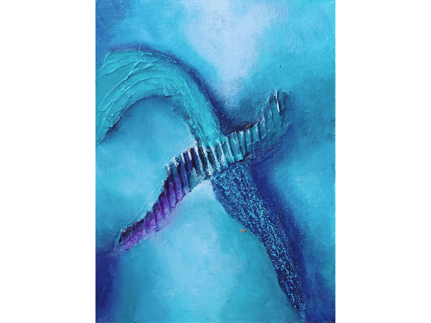 Small vertical abstract painting on masonite featuring a textured diagonal spine of blue and purple ridges against a light blue background.