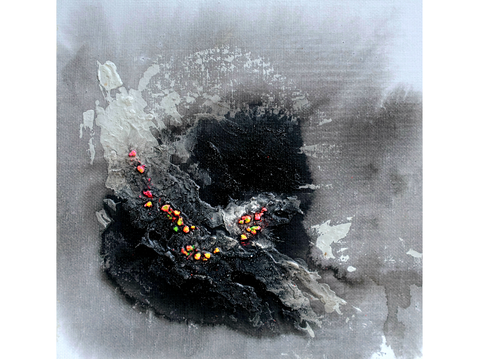 Small square abstract painting with a textured black centre, neon orange flecks, and a cloudy grey background on masonite.