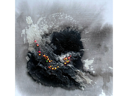 Small square abstract painting with a textured black centre, neon orange flecks, and a cloudy grey background on masonite.