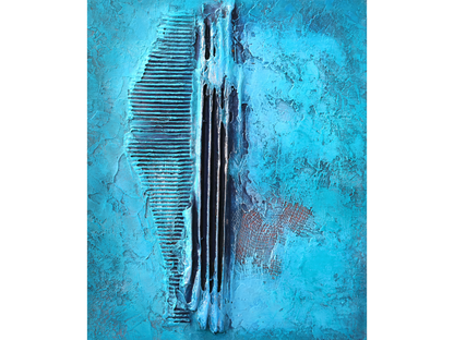 Vertical abstract mixed-media painting featuring turquoise textures, torn corrugated cardboard, and metal mesh on a canvas surface.