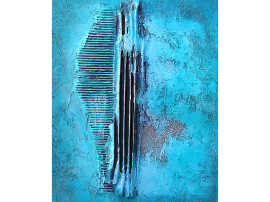 Vertical abstract mixed-media painting featuring turquoise textures, torn corrugated cardboard, and metal mesh on a canvas surface.
