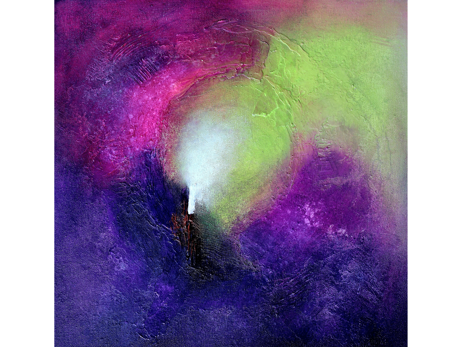 Square abstract painting on canvas panel with a bright white and lime green centre surrounded by textured purple, magenta, and dark blue paint.