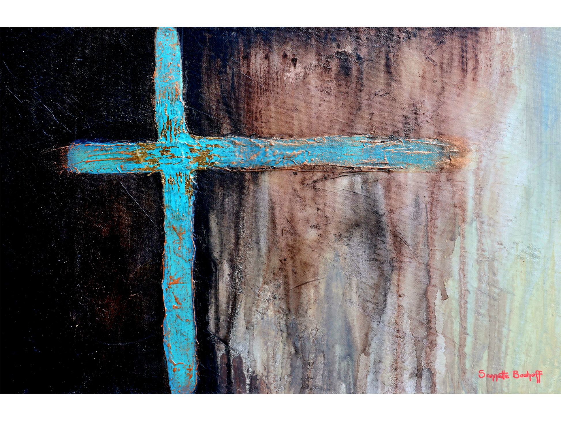 Abstract mixed-media painting of a vibrant turquoise cross with gold textures, set against a dark blue and neutral dripping background.
