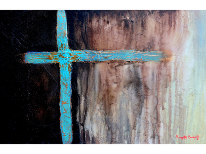 Abstract mixed-media painting of a vibrant turquoise cross with gold textures, set against a dark blue and neutral dripping background.