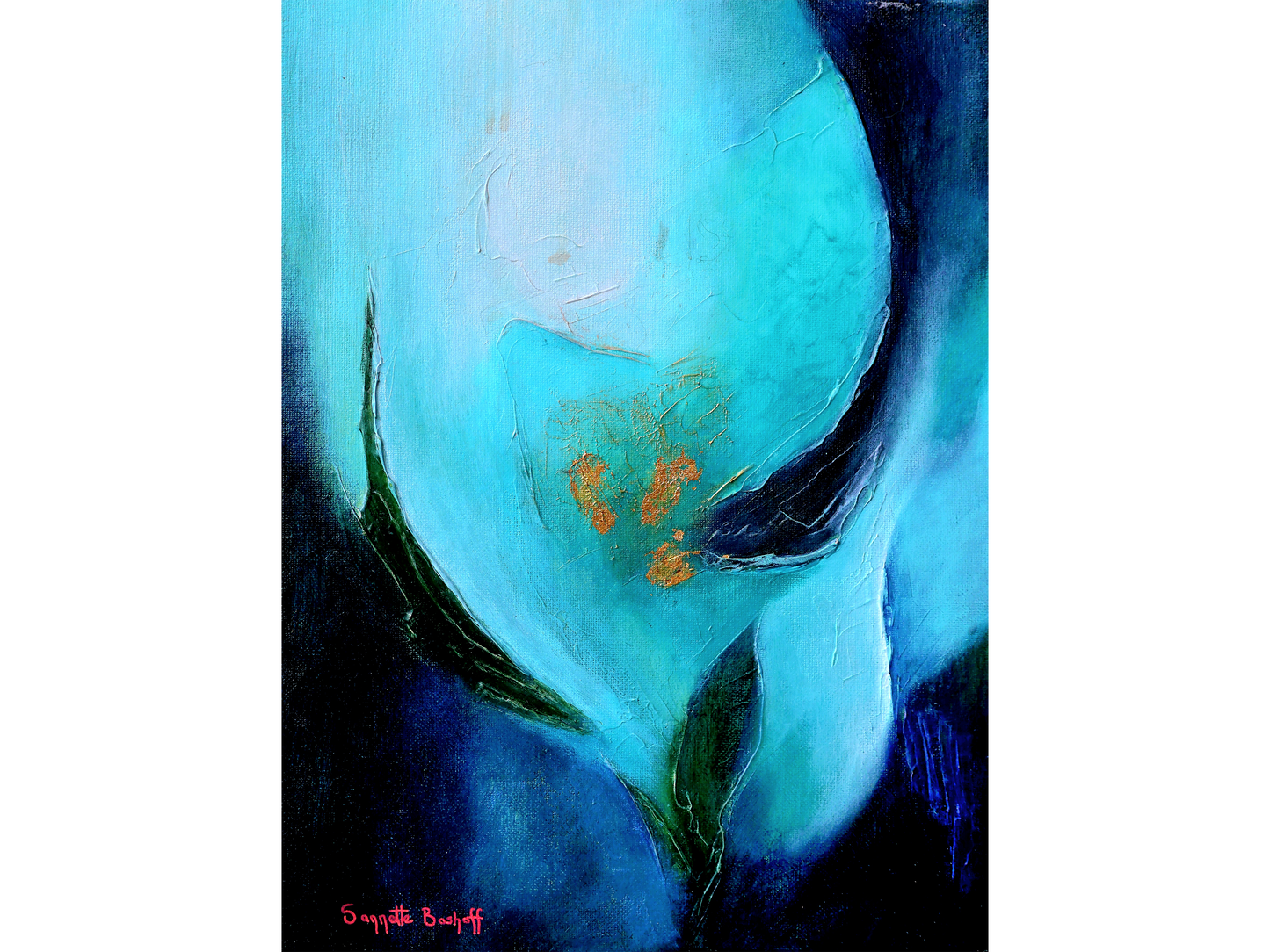 Mixed media painting of a bright turquoise calla lily with gold textured centre emerging from a dark blue background.