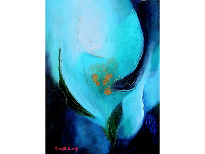 Mixed media painting of a bright turquoise calla lily with gold textured centre emerging from a dark blue background.