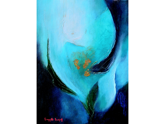Mixed media painting of a bright turquoise calla lily with gold textured centre emerging from a dark blue background.