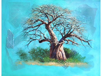 Mixed media painting of a baobab tree with detailed bare branches against a bright turquoise background with layered paper and cardboard textures.