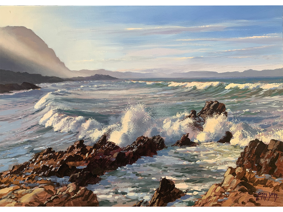 Post-Impressionist oil painting of crashing ocean waves and sea spray against jagged rocks at Kwaaiwater Bay in Hermanus by James Yates.   