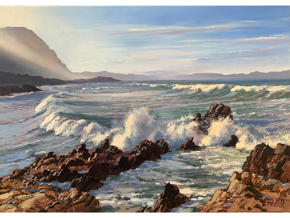 Post-Impressionist oil painting of crashing ocean waves and sea spray against jagged rocks at Kwaaiwater Bay in Hermanus by James Yates.   