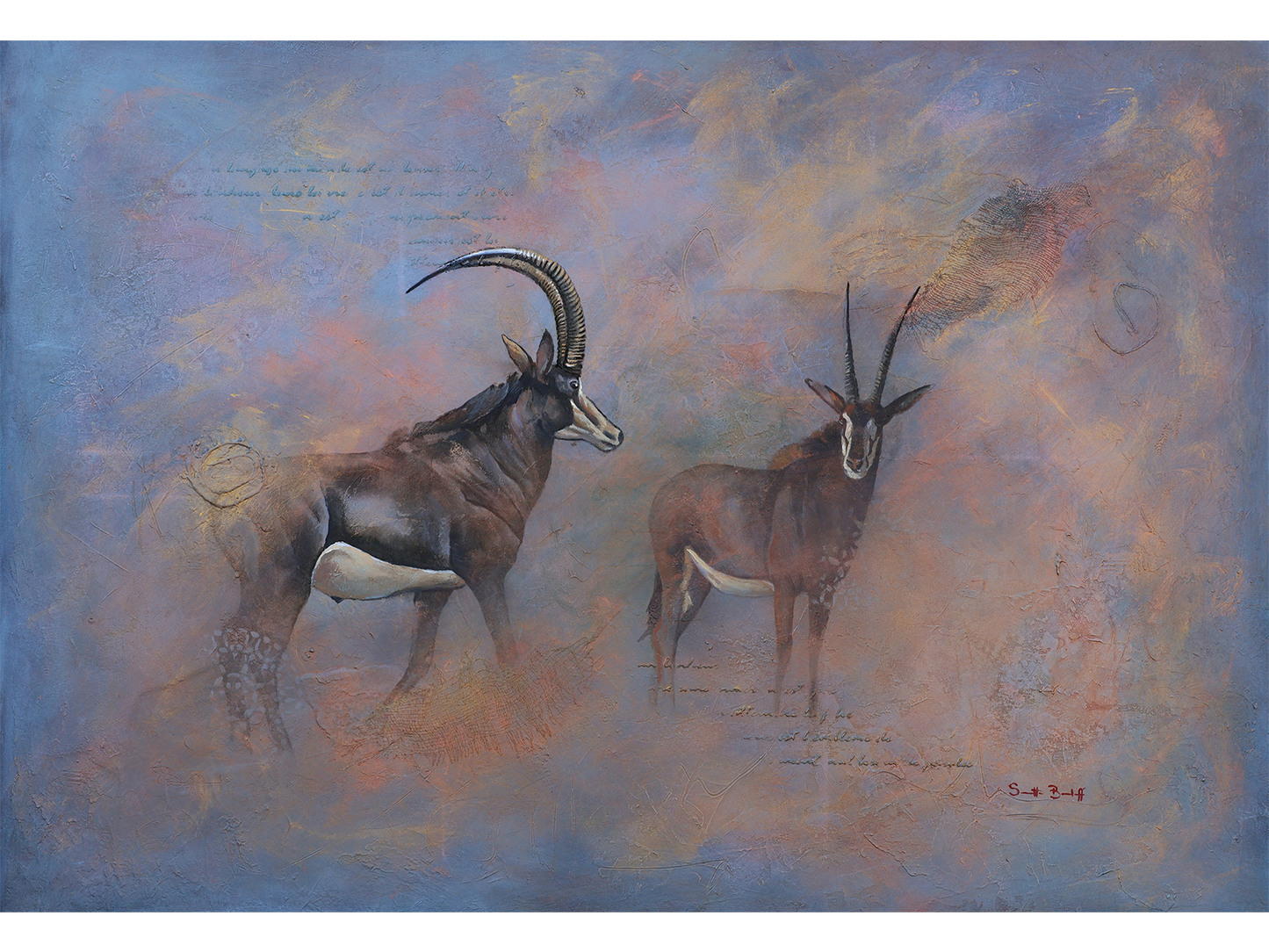 Mixed media painting of two sable antelope with dramatic curved horns set against a textured blue, purple, and earth-toned abstract background with script details.
