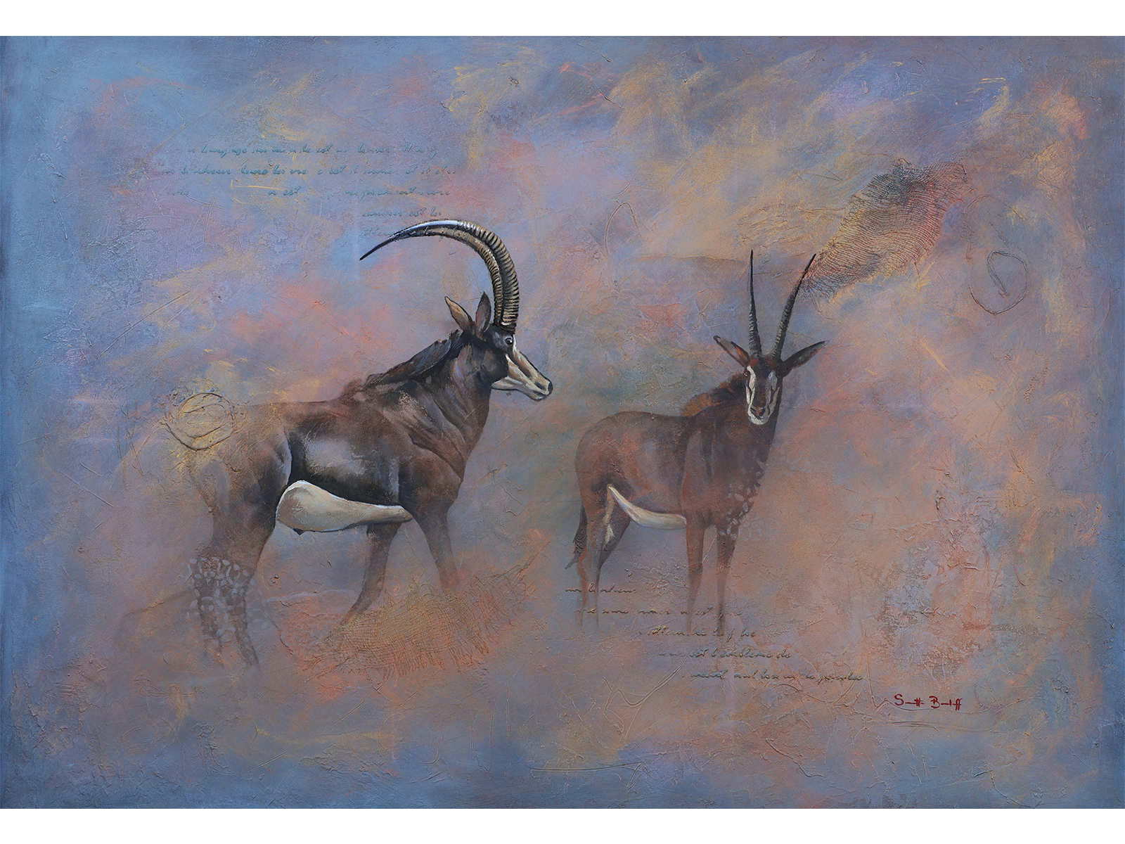 Mixed media painting of two sable antelope with dramatic curved horns set against a textured blue, purple, and earth-toned abstract background with script details.