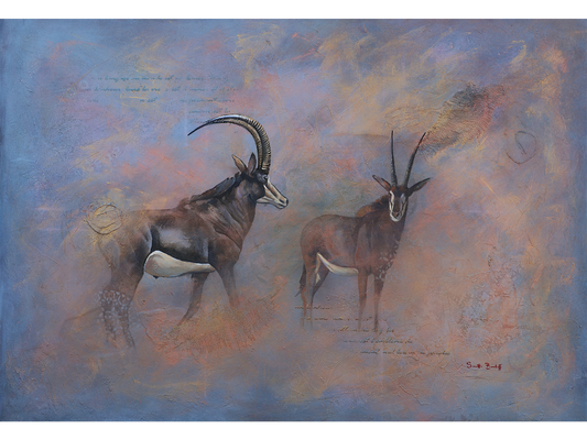 Mixed media painting of two sable antelope with dramatic curved horns set against a textured blue, purple, and earth-toned abstract background with script details.