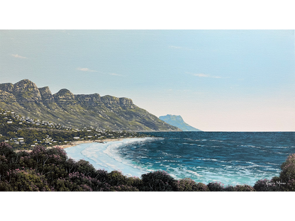 Panoramic oil painting of Cape Town's Twelve Apostles mountain range and Camps Bay beach viewed from Clifton by Gareth Munro.