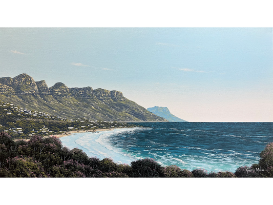Panoramic oil painting of Cape Town's Twelve Apostles mountain range and Camps Bay beach viewed from Clifton by Gareth Munro.