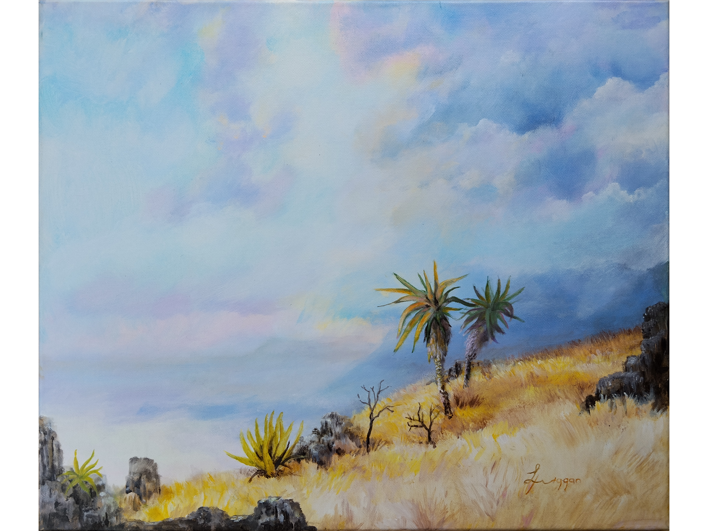 Acrylic painting of a high-altitude mountain ridge with golden grass and two tall aloes under a large sky with blue and lavender clouds.