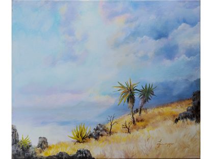 Acrylic painting of a high-altitude mountain ridge with golden grass and two tall aloes under a large sky with blue and lavender clouds.