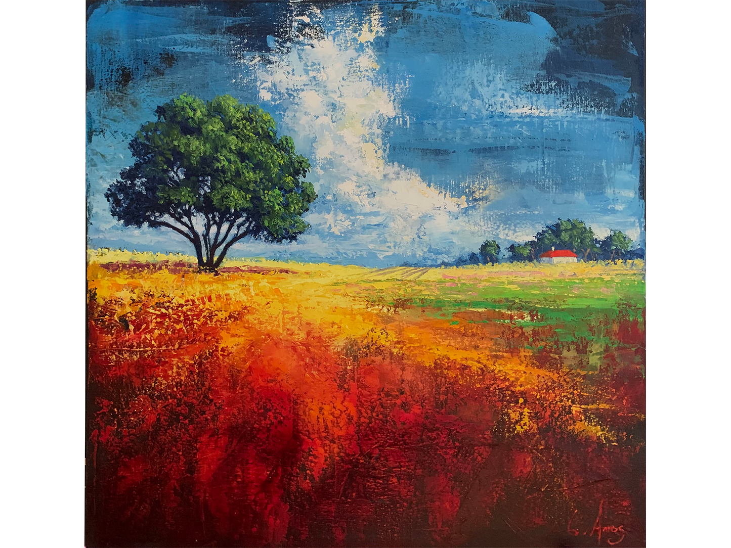 Expressive square oil painting of a vibrant red and yellow field with a solitary tree, a distant white cottage with a red roof, and a dynamic blue and white cloudscape.