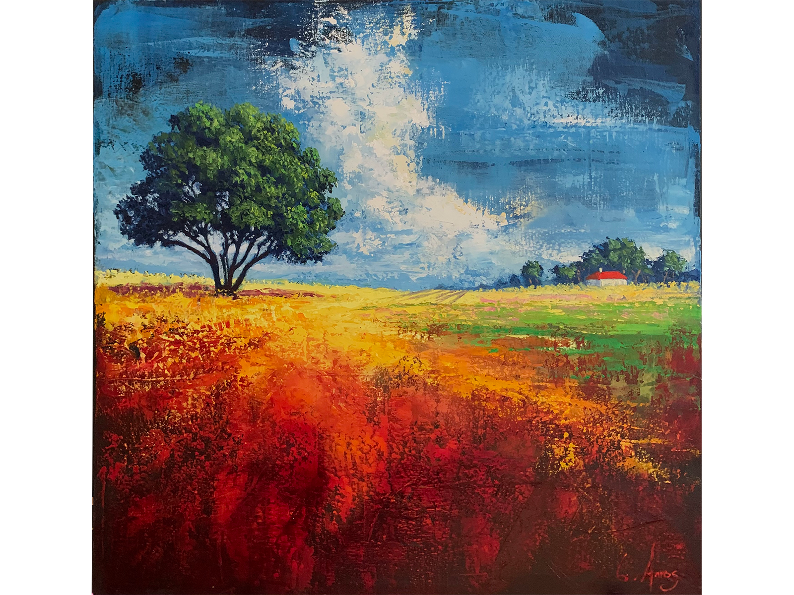 Expressive square oil painting of a vibrant red and yellow field with a solitary tree, a distant white cottage with a red roof, and a dynamic blue and white cloudscape.