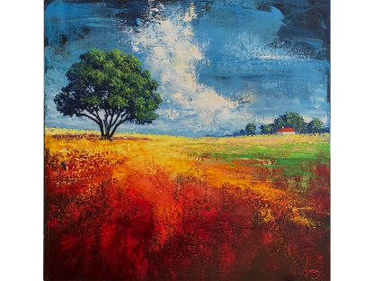 Expressive square oil painting of a vibrant red and yellow field with a solitary tree, a distant white cottage with a red roof, and a dynamic blue and white cloudscape.