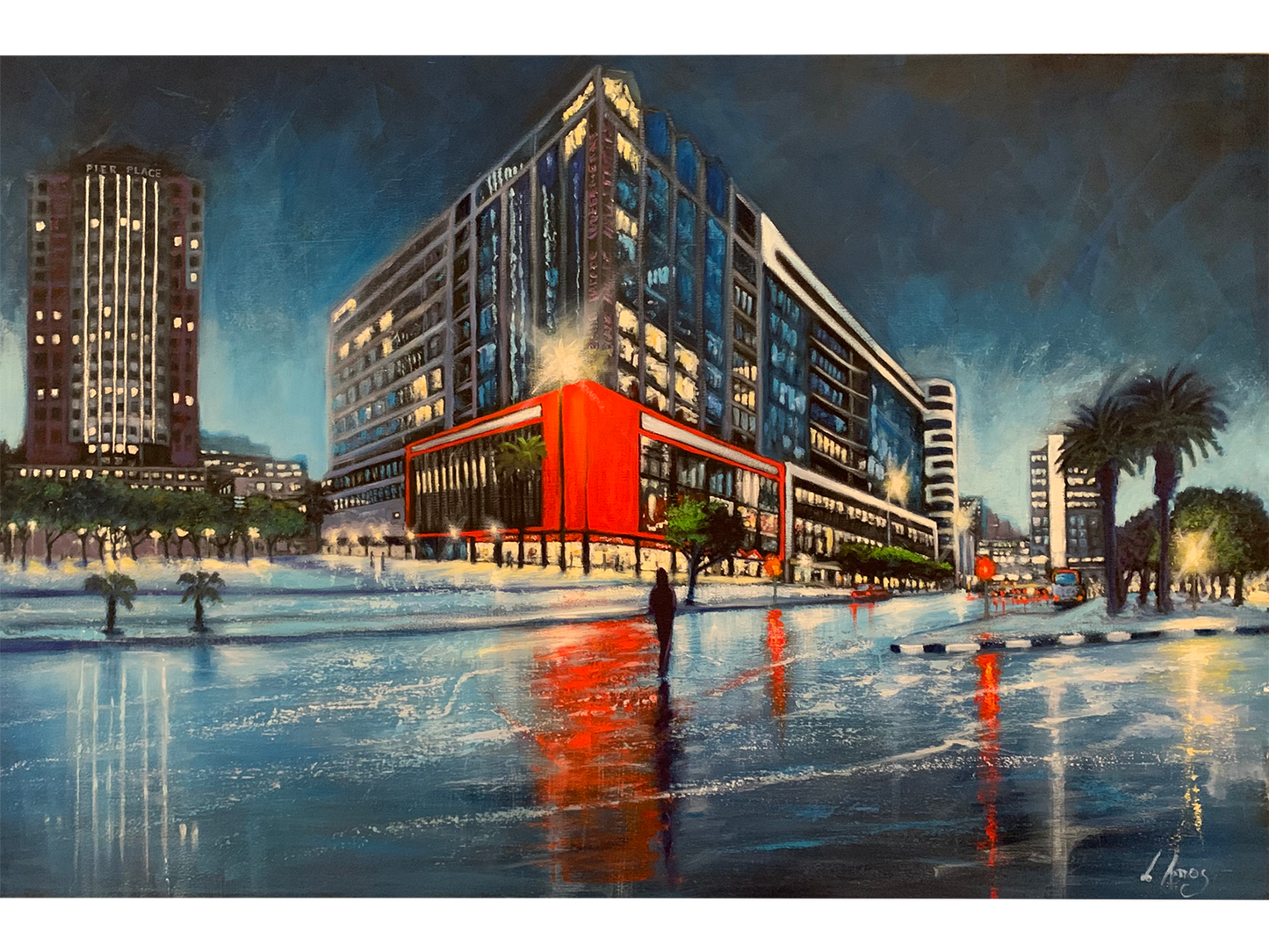 Large oil painting of a modern Cape Town city building at night with a vibrant red corner facade reflecting on rain-washed streets.