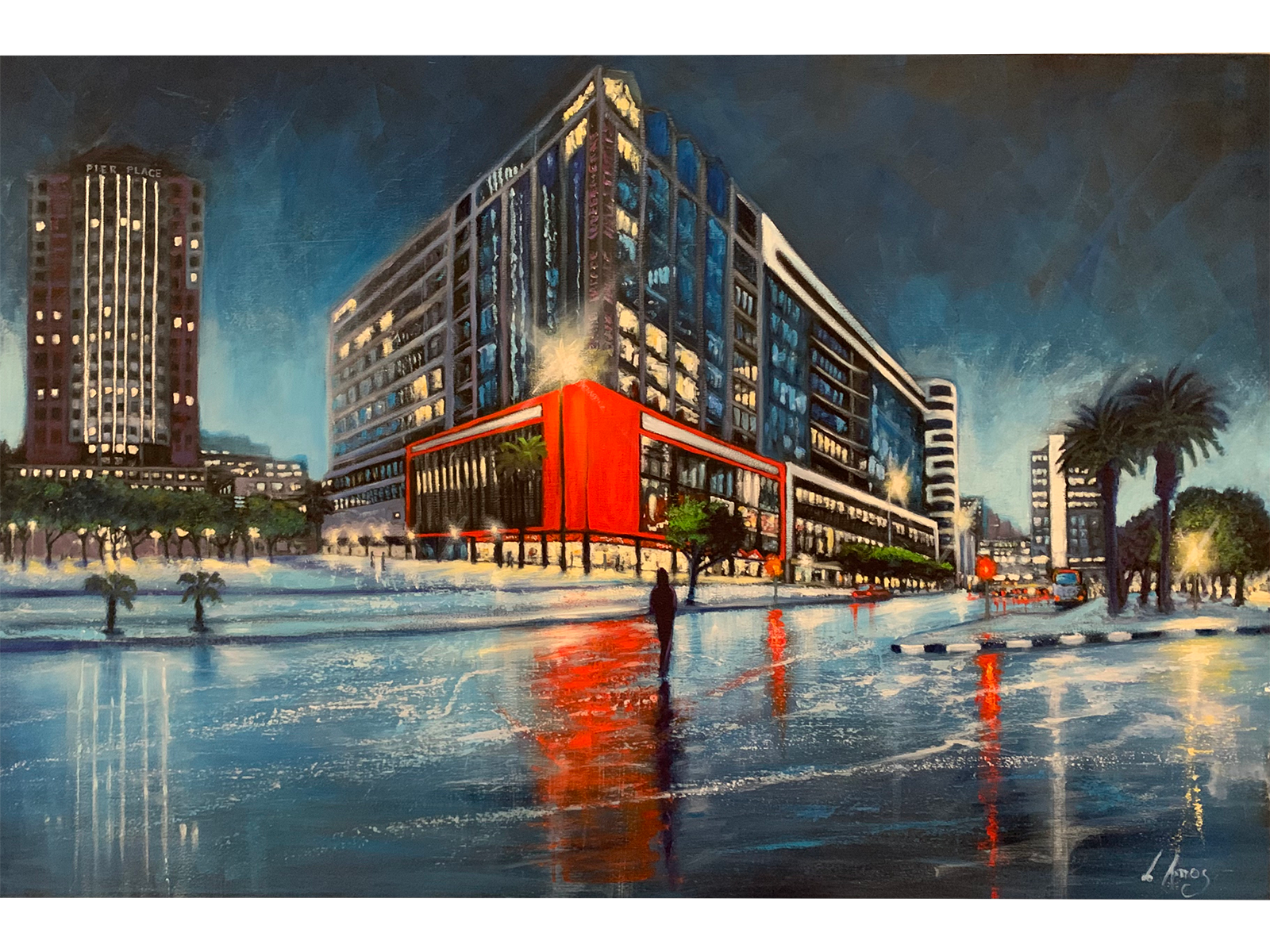 Large oil painting of a modern Cape Town city building at night with a vibrant red corner facade reflecting on rain-washed streets.