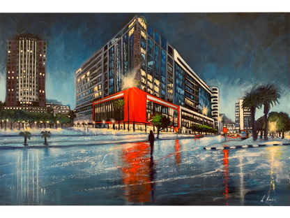 Large oil painting of a modern Cape Town city building at night with a vibrant red corner facade reflecting on rain-washed streets.