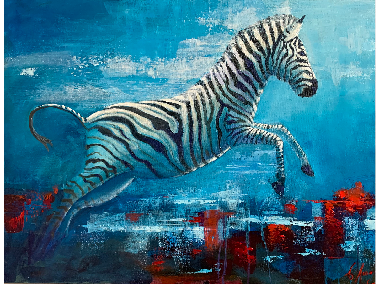 Expressionistic oil painting of a zebra leaping mid-air against a textured turquoise background with red impasto accents by Charles Amos.