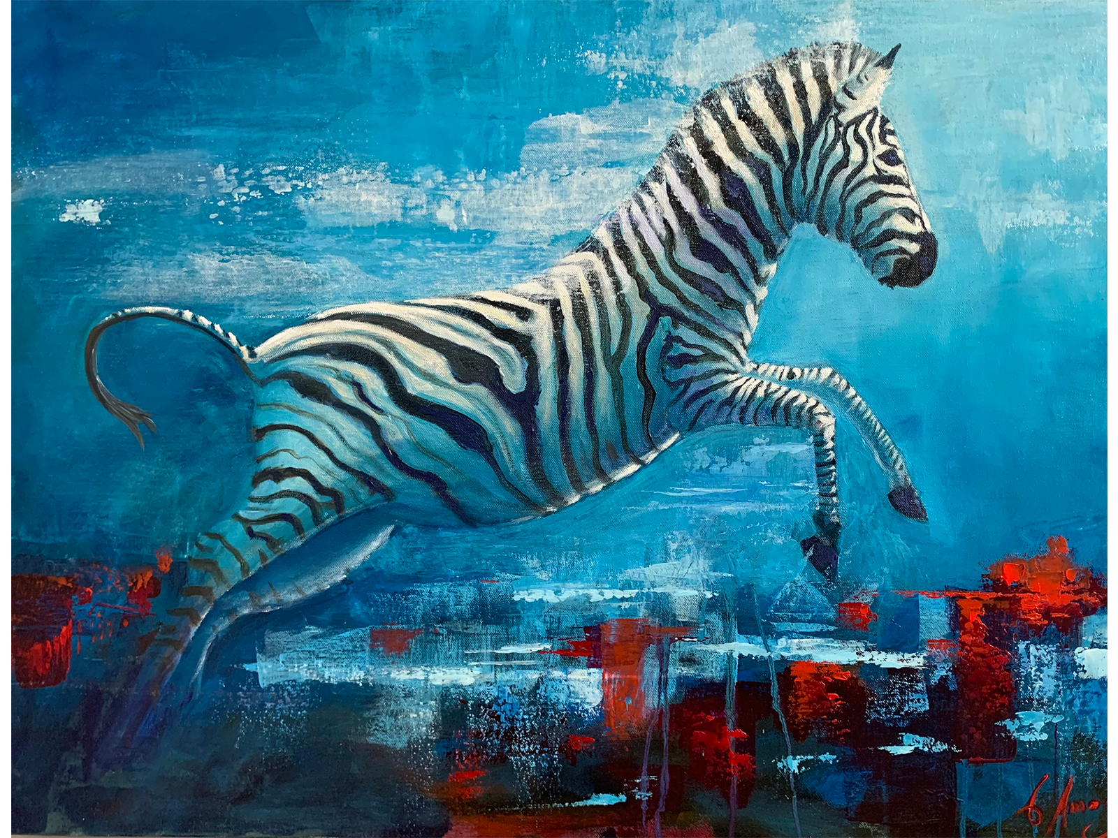 Expressionistic oil painting of a zebra leaping mid-air against a textured turquoise background with red impasto accents by Charles Amos.
