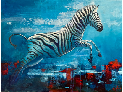 Expressionistic oil painting of a zebra leaping mid-air against a textured turquoise background with red impasto accents by Charles Amos.