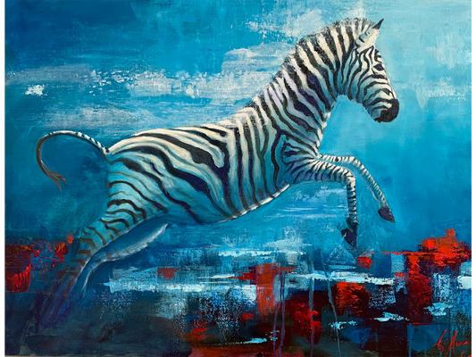 Expressionistic oil painting of a zebra leaping mid-air against a textured turquoise background with red impasto accents by Charles Amos.