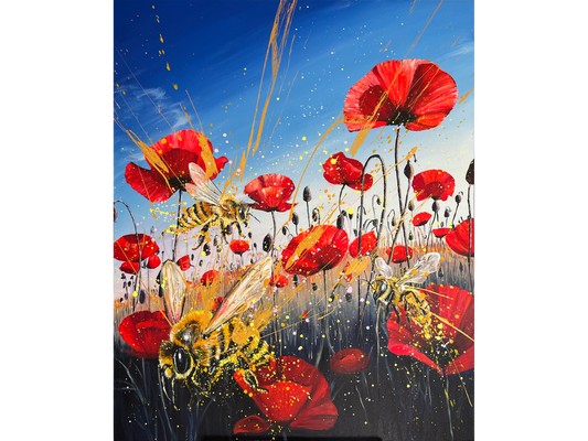 Acrylic on canvas 150 cm Height x 120 cm Width showing a dynamic field of large red poppies and bees with an explosive burst of yellow and gold paint splatter