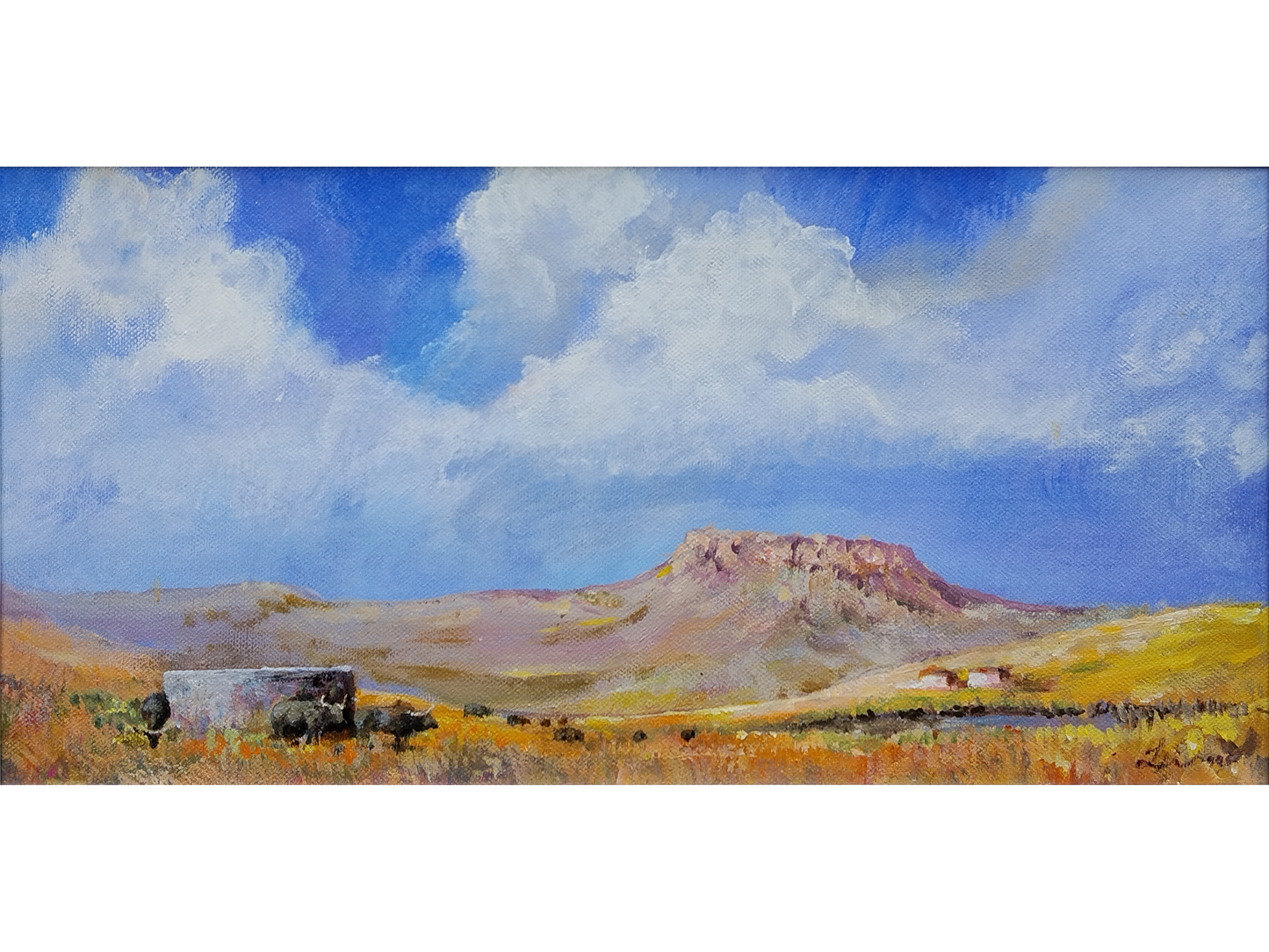 Horizontal acrylic painting of a South African farm with a concrete dam, cattle grazing, a small farmhouse, and a flat-topped rocky mountain under blue skies.