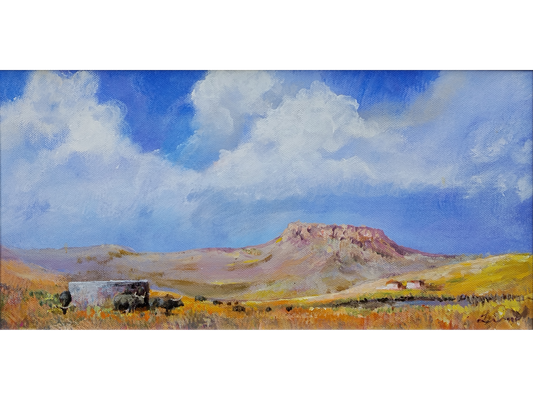 Horizontal acrylic painting of a South African farm with a concrete dam, cattle grazing, a small farmhouse, and a flat-topped rocky mountain under blue skies.
