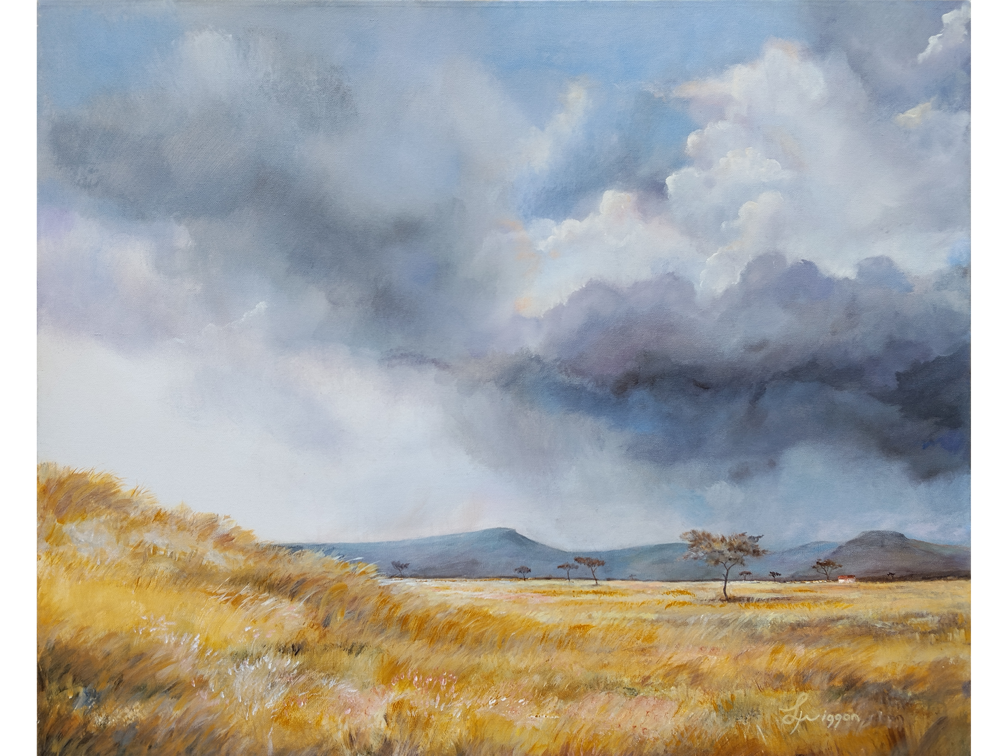 Acrylic painting of a vast golden grassland blowing in the wind under heavy grey and white storm clouds, with scattered thorn trees and distant blue mountains.