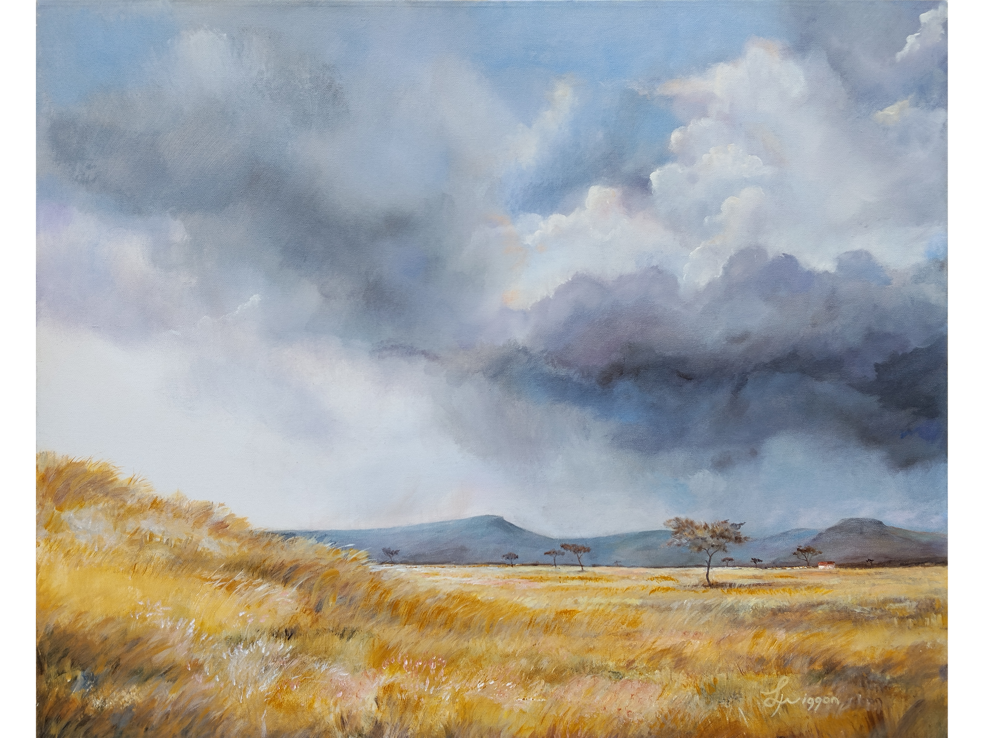 Acrylic painting of a vast golden grassland blowing in the wind under heavy grey and white storm clouds, with scattered thorn trees and distant blue mountains.