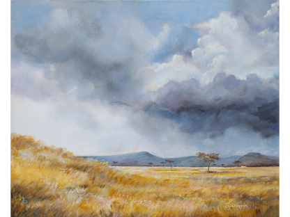 Acrylic painting of a vast golden grassland blowing in the wind under heavy grey and white storm clouds, with scattered thorn trees and distant blue mountains.