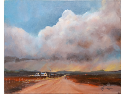 Acrylic painting of a straight dirt road leading toward a distant farmstead and windpump under towering, dramatic white and grey storm clouds at sunset.